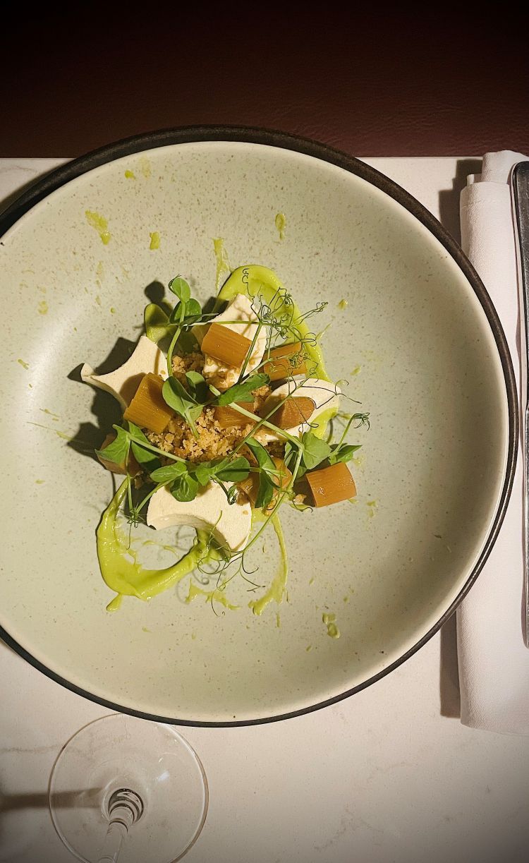 Panna Cotta with Rhubarb, Pea, and Chamomile