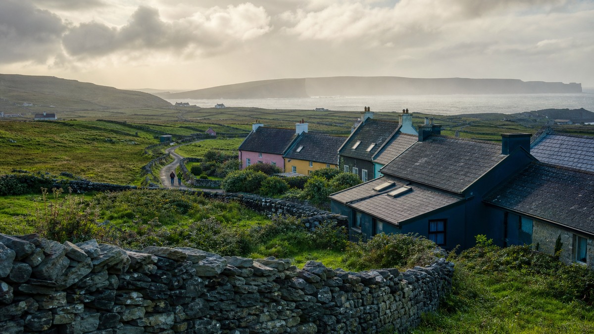 Colourful cottages in Doolin with green fields and the Cliffs of Moher in the distance